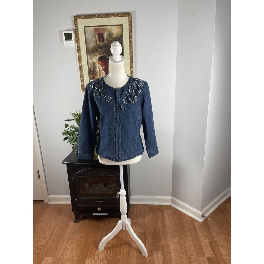 Ruby Rd Blazer Womens 8 Zipper Front Blue 3/4 Sleeve Embellished Denim Fabric